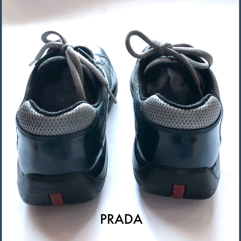 SOLD! Prada Leather Navy Blue Black Sneakers 9.5 - Picture 7 of 8